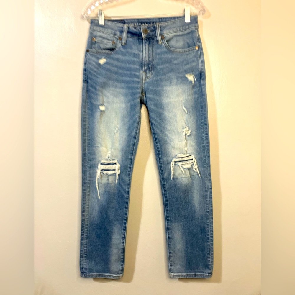 American Eagle Jeans Men’s 28x28 Blue Denim Flex Fit Distressed Shredded EUC